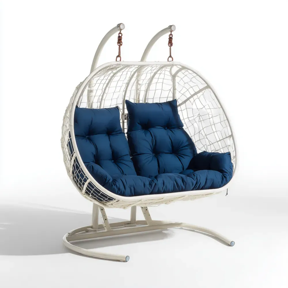 ダブルハンギングチェア 屋外用 スチールフレーム 150x120x200 cm – アイボリー/ネイビー-Zenlofta