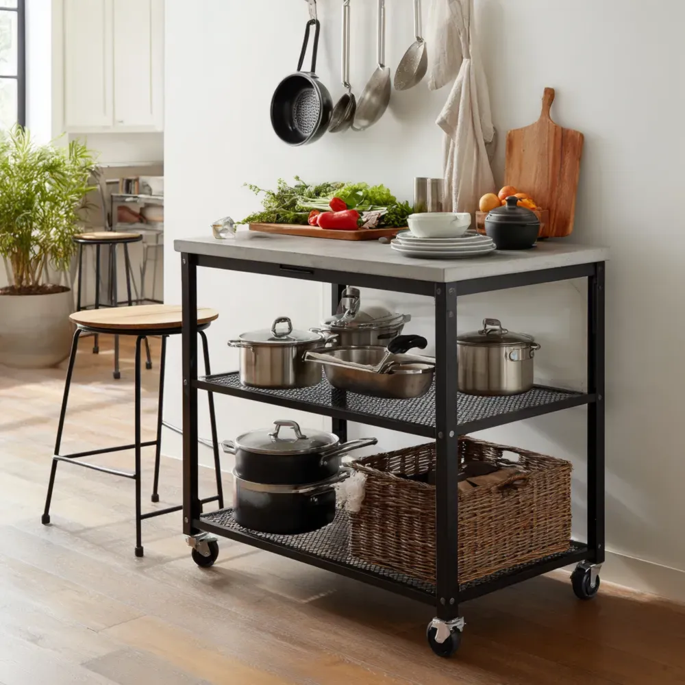 キッチンワゴン メタルフレーム 3段 90x40x85cm - ブラック - 工業デザイン-Heritagehavene