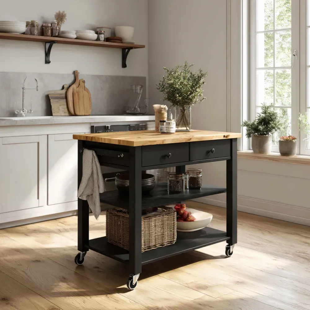 キッチンワゴン 木製トップ 65x45x85 cm - ブラック - 移動式-Heritagehavene