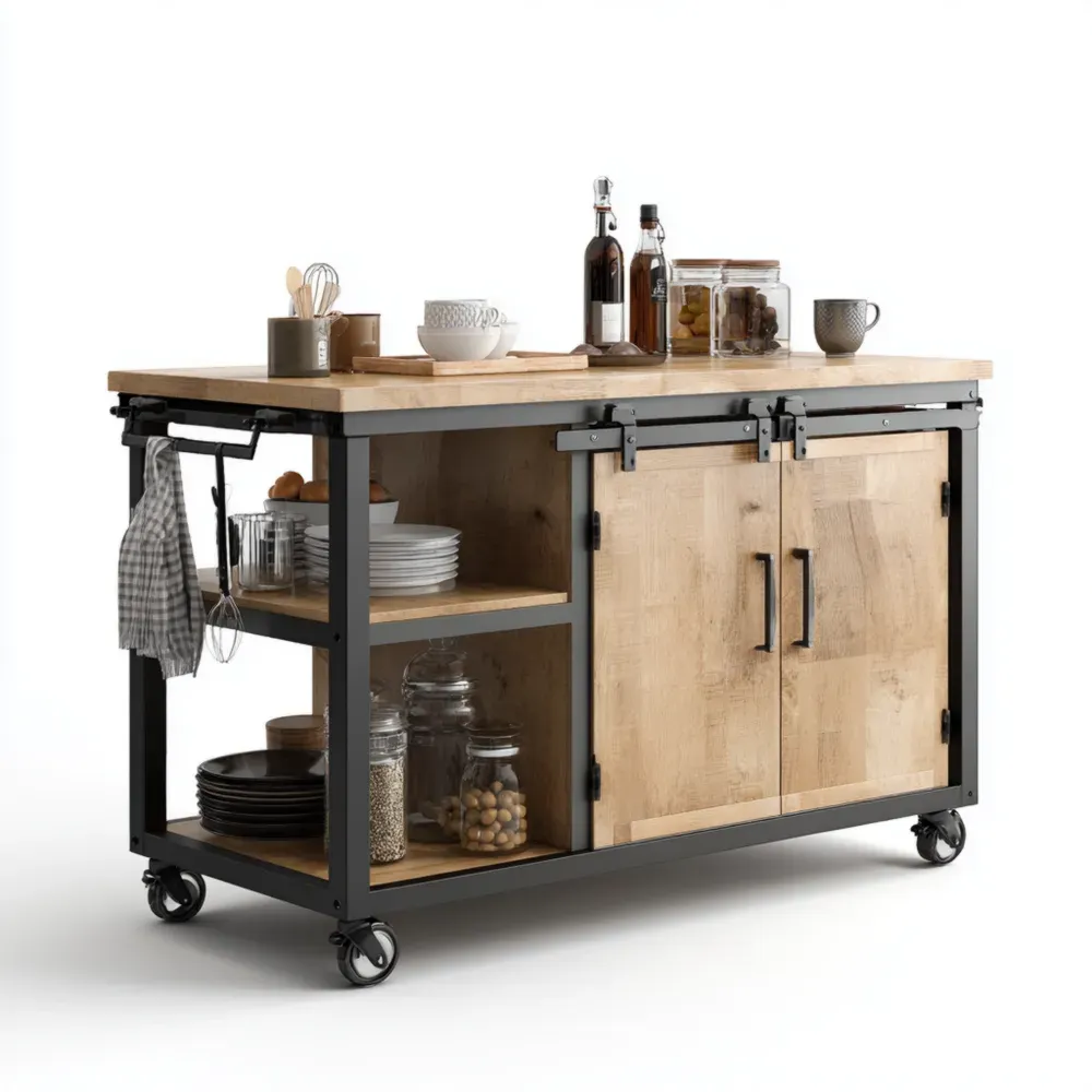 キッチンワゴン 木製 120x60x90 cm - ナチュラル - ビンテージスタイル-Heritagehavene
