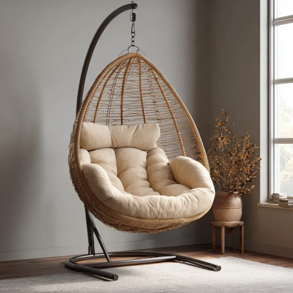 ハンモックチェア ラタン織り クッション付き 室内/屋外使用 100x100x195cm – ナチュラルカラー – コンテンポラリーデザイン-Heritagehavene