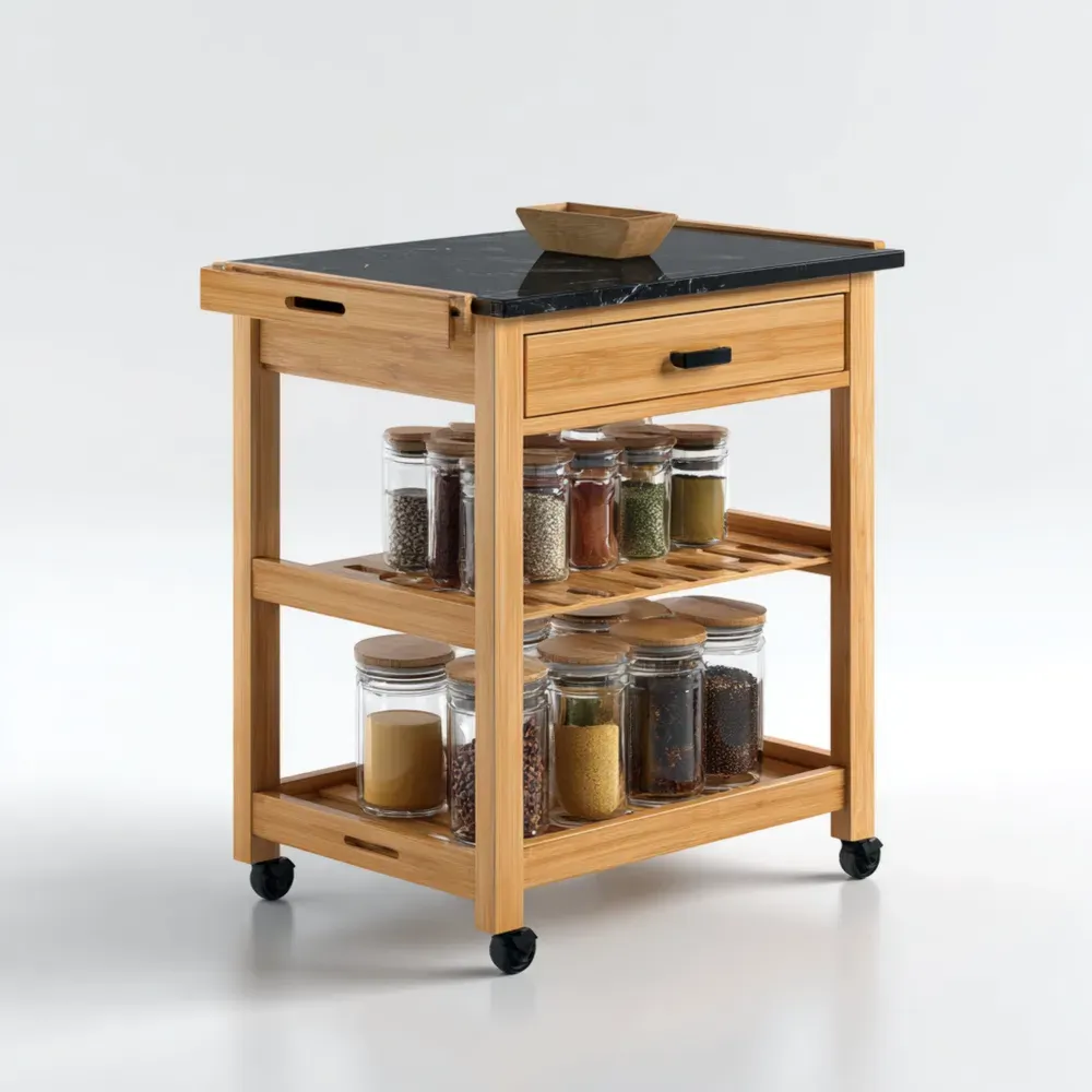 キッチンワゴン 天然木 60x40x85 cm ブラックトップ – 北欧スタイル-Heritagehavene