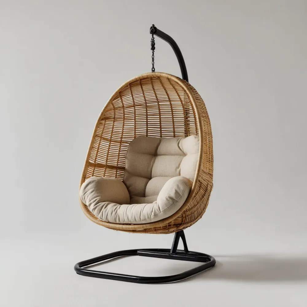 ハンギングチェア 人工ラタン 115x75x195 cm – ナチュラル – 屋内外用-Heritagehavene