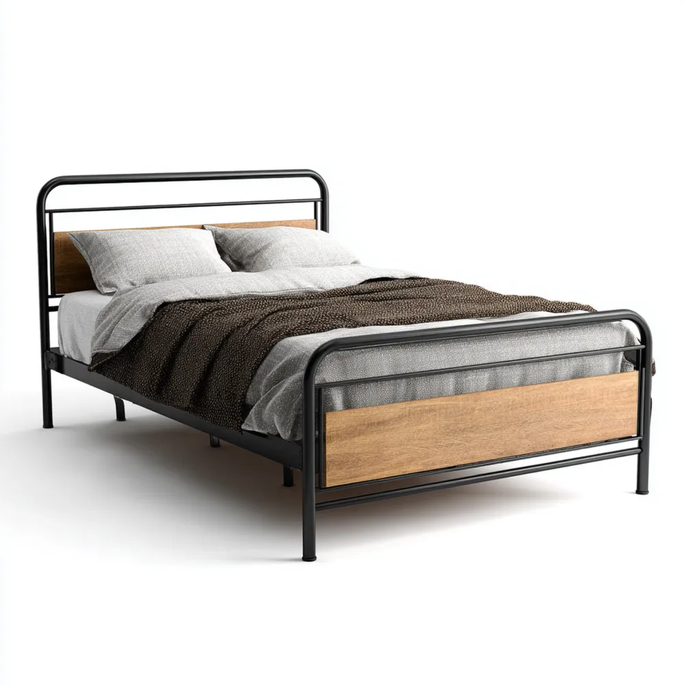メタルフレームダブルベッド 140x200x90 cm ブラック/ウッドインダストリアルデザイン-Heritagehavene