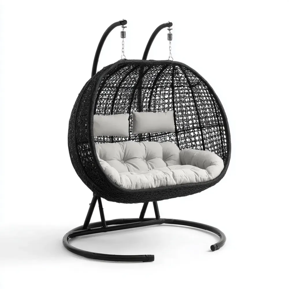 ダブルハンギングチェア 150x100x180 cm 人工ラタン製 クッション付き ブラック/ホワイト-Heritagehavene