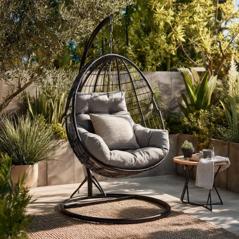 ハンギングチェア クッション付き ラタン 150x100x120 cm – グレー – 屋外用-Heritagehavene