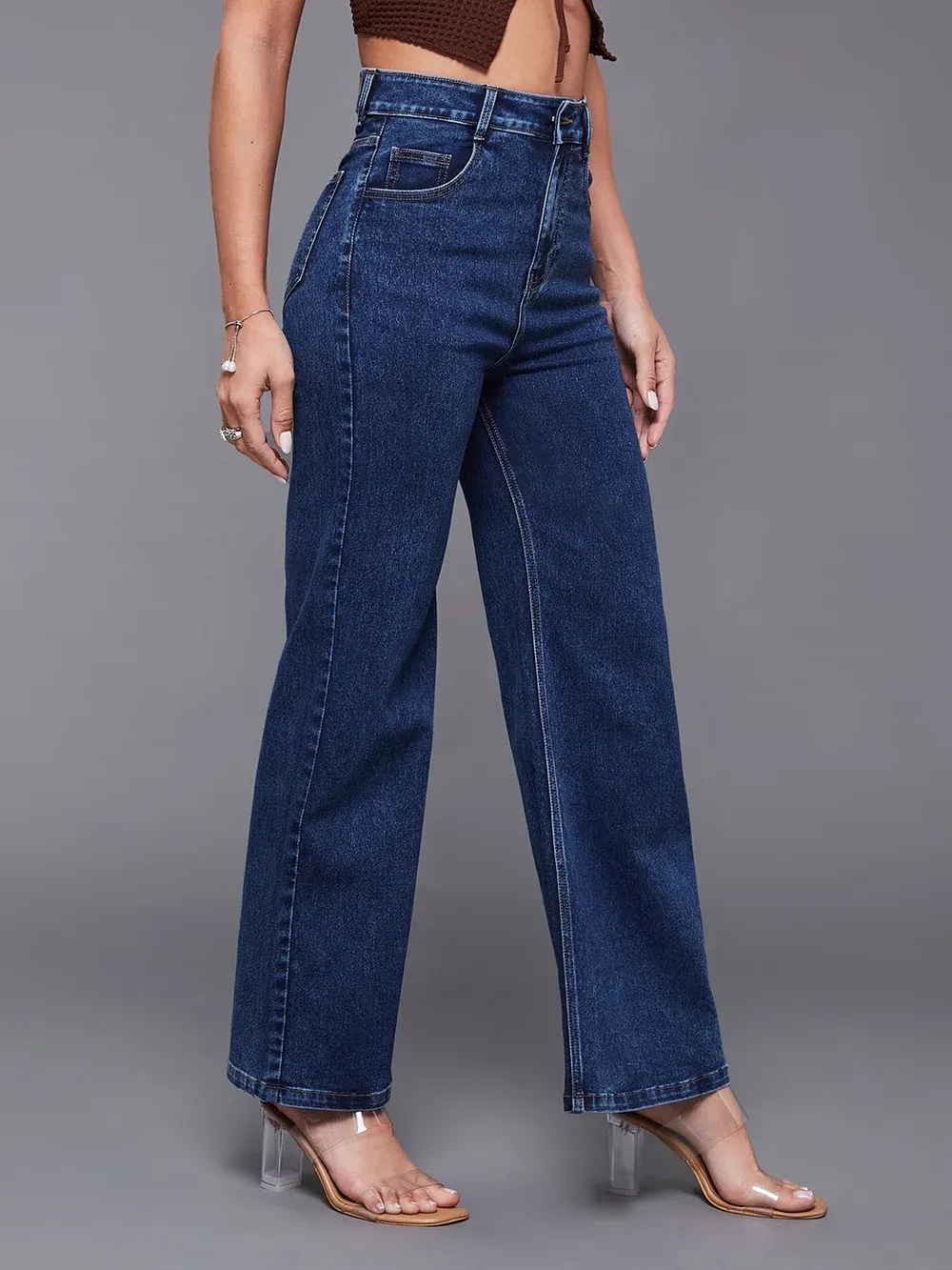 DenimHaat™ Mid Blue Classic High-Rise Wide-Leg Denim Jeans