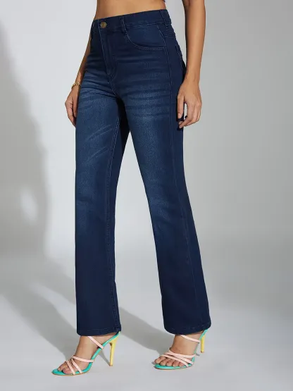 DenimHaat™ Navy Blue Flared Mid-Rise Denim Jeans