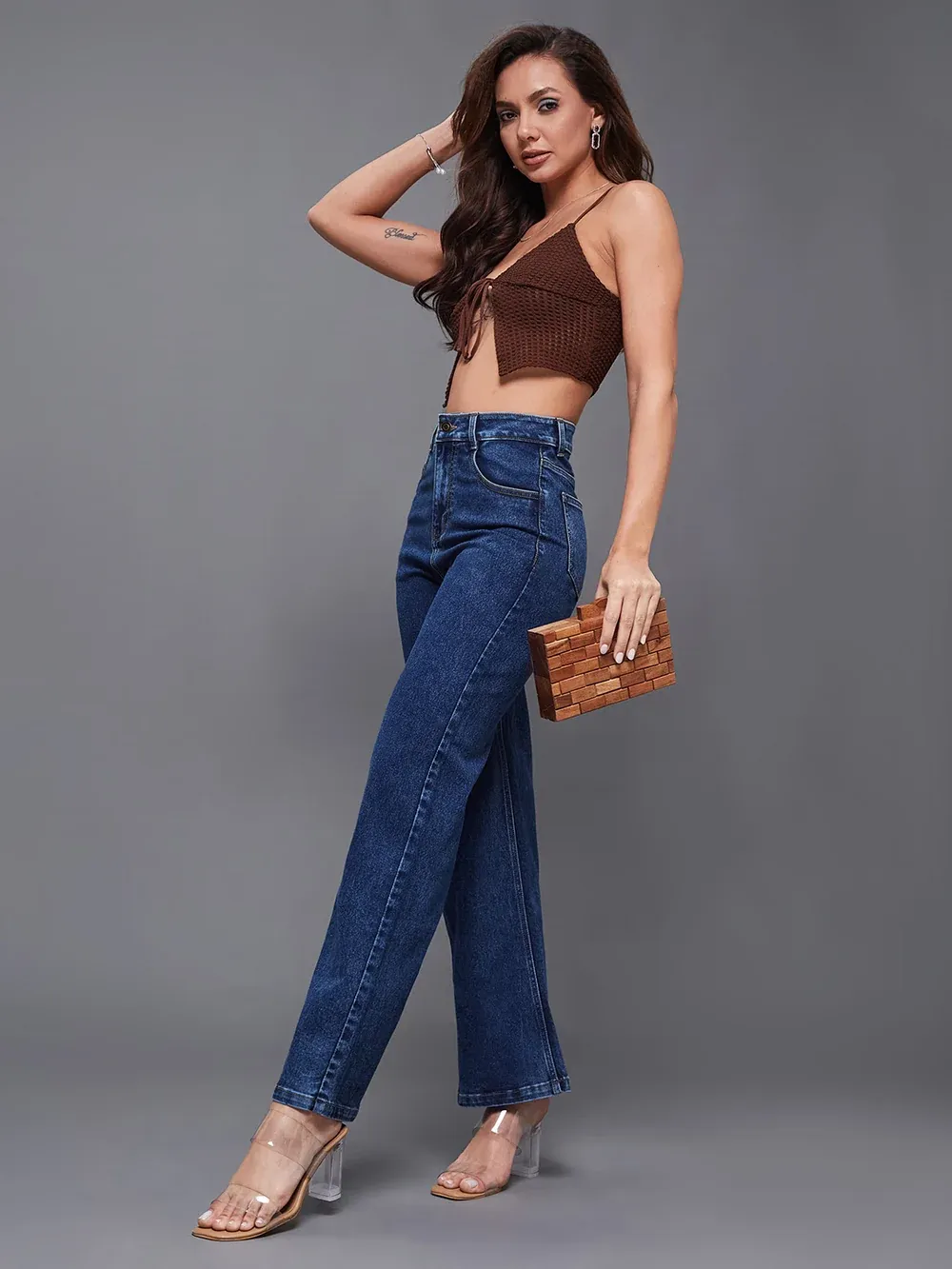 DenimHaat™ Mid Blue Classic High-Rise Wide-Leg Denim Jeans