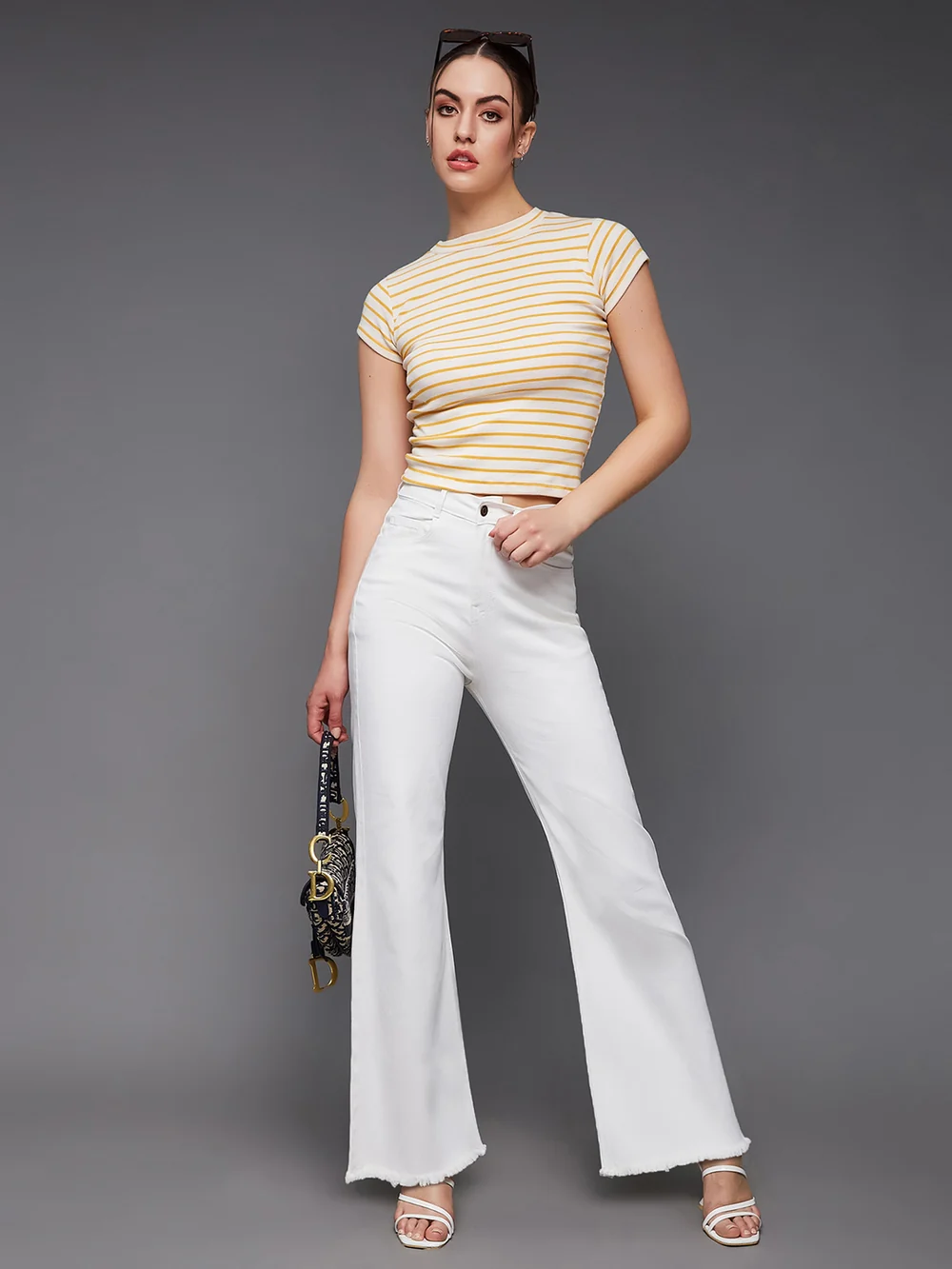 DenimHaat™ White Stretchable High-Rise Bell-Bottom Jeans