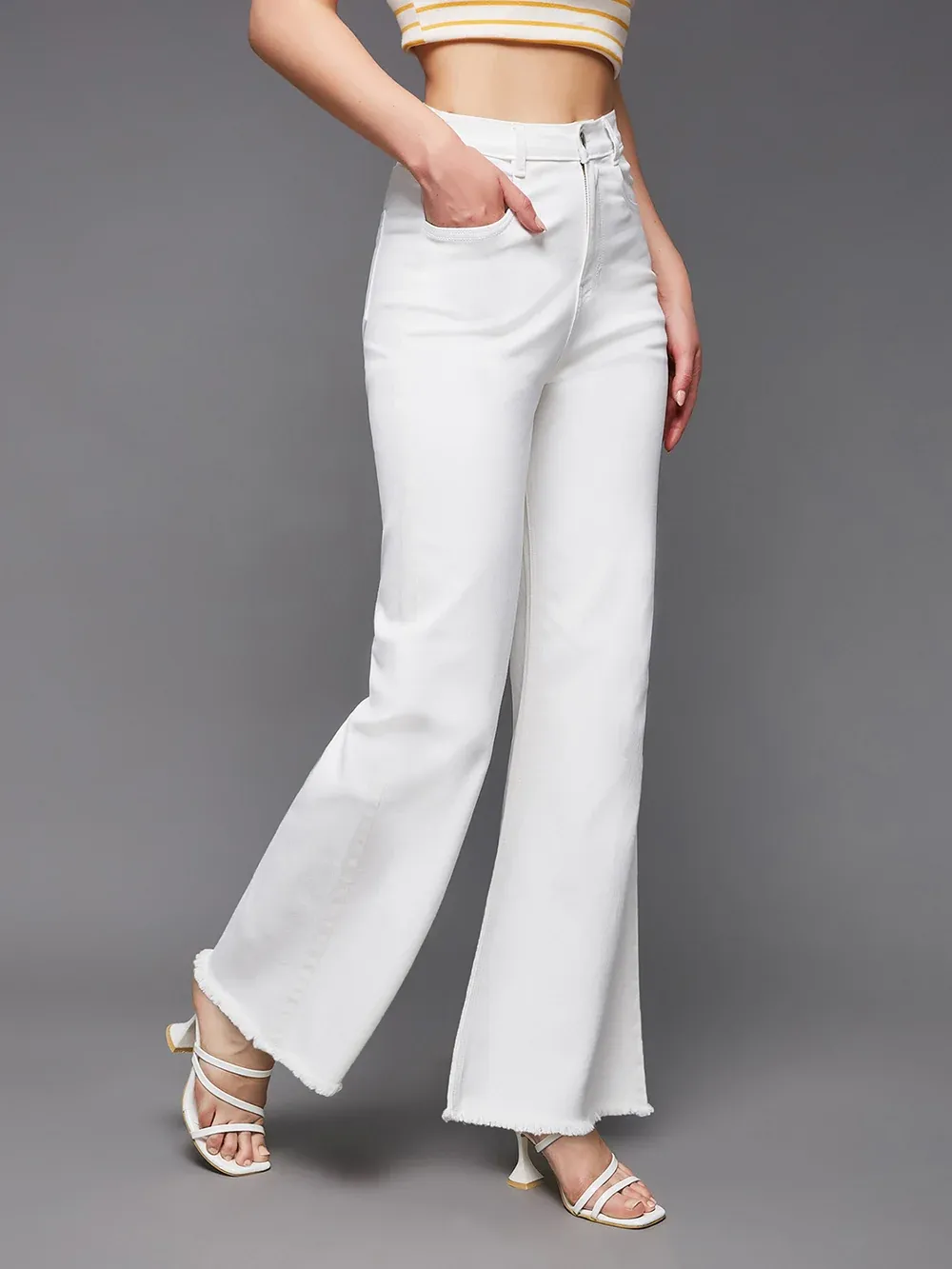 DenimHaat™ White Stretchable High-Rise Bell-Bottom Jeans