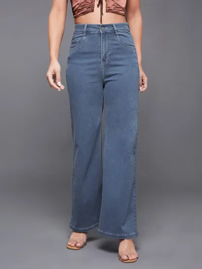 DenimHaat™ Blue Relaxed-Fit High-Rise Wide-Leg Jeans