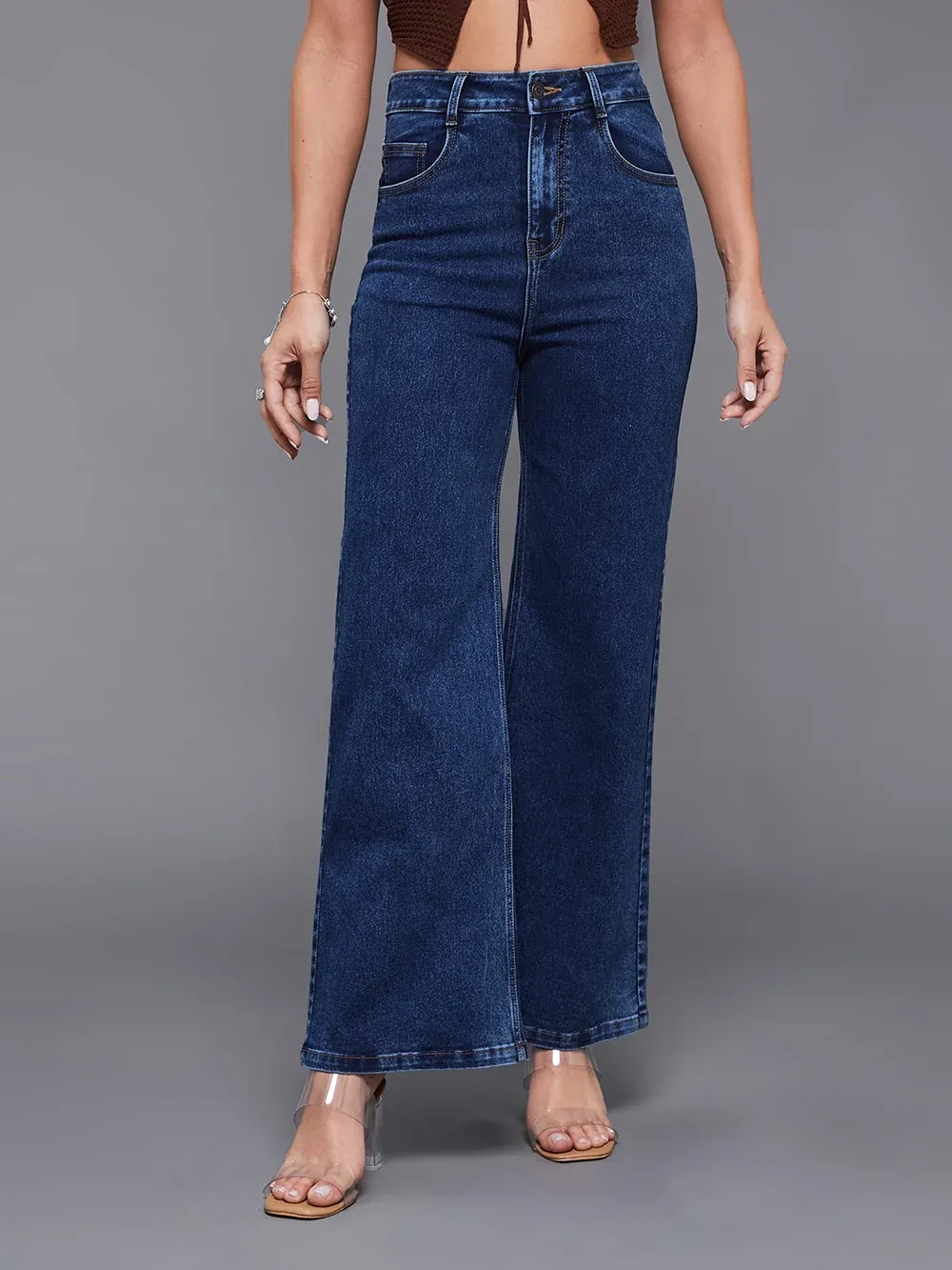 DenimHaat™ Mid Blue Classic High-Rise Wide-Leg Denim Jeans
