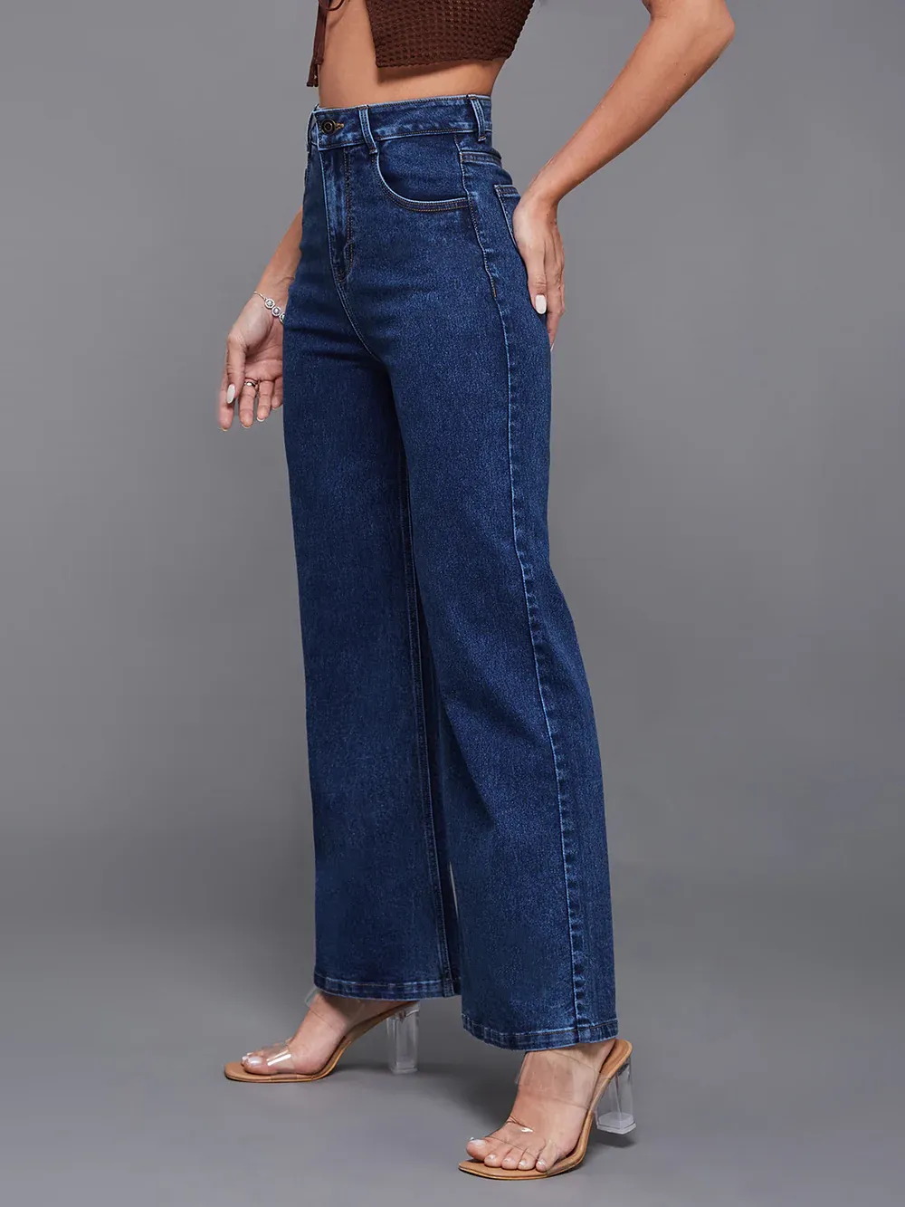 DenimHaat™ Mid Blue Classic High-Rise Wide-Leg Denim Jeans