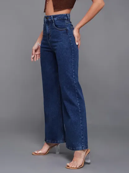 DenimHaat™ Mid Blue Classic High-Rise Wide-Leg Denim Jeans