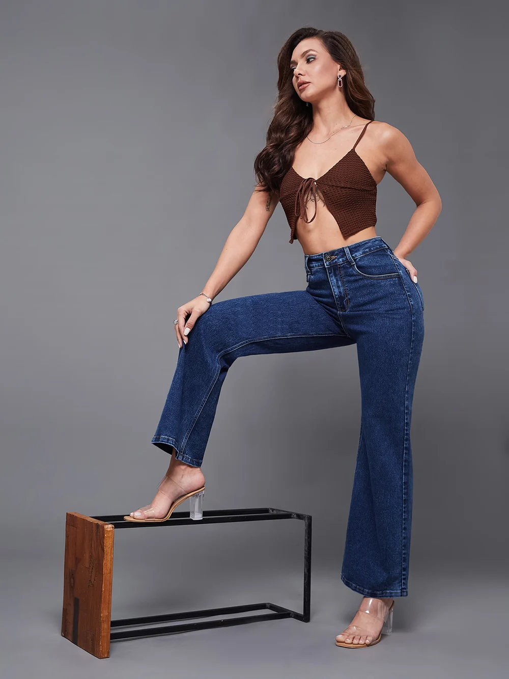 DenimHaat™ Mid Blue Classic High-Rise Wide-Leg Denim Jeans