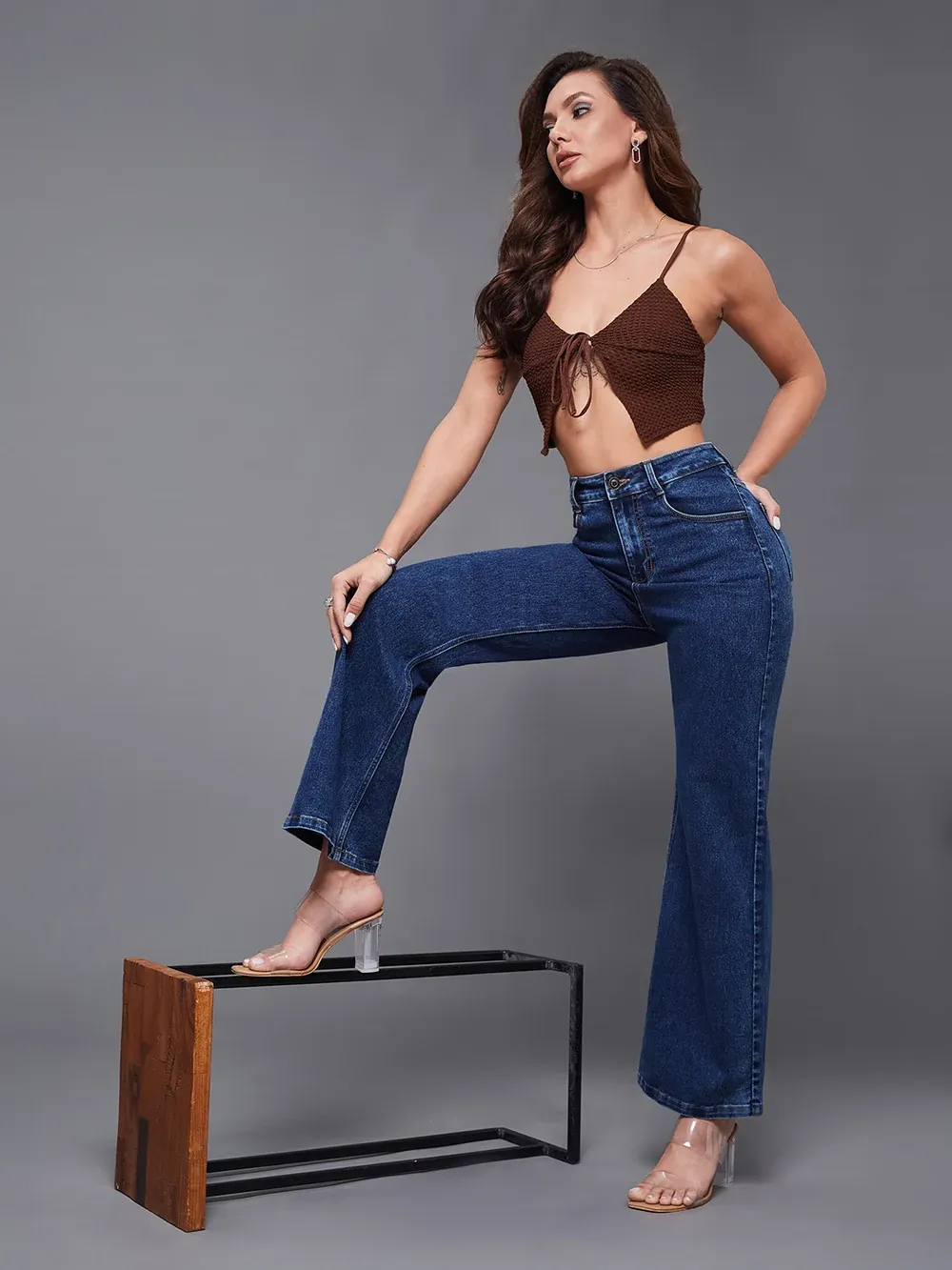 DenimHaat™ Mid Blue Classic High-Rise Wide-Leg Denim Jeans