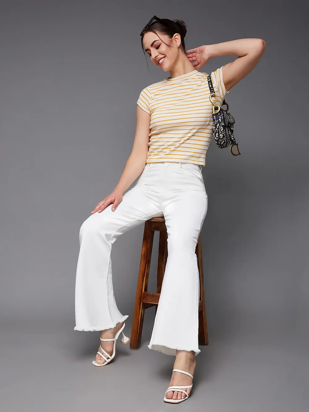 DenimHaat™ White Stretchable High-Rise Bell-Bottom Jeans