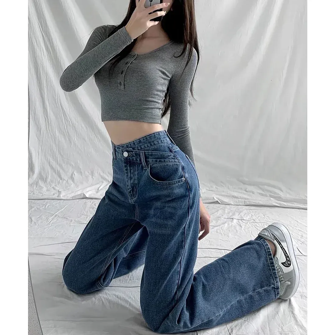 Blue Wrap Waist Straight Fit Jeans