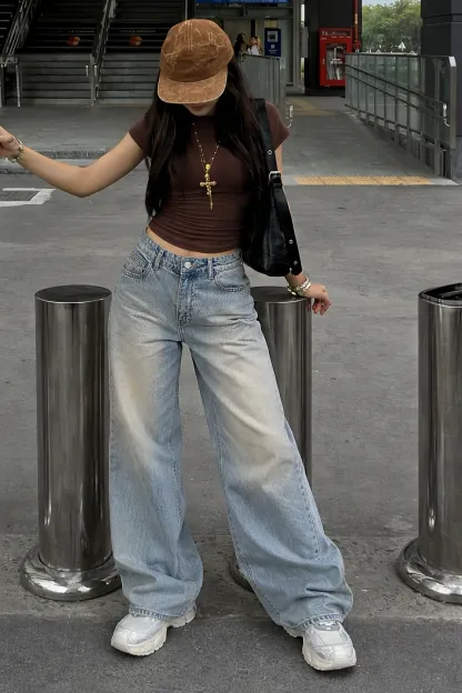 Washed Blue Straight Leg Jeans