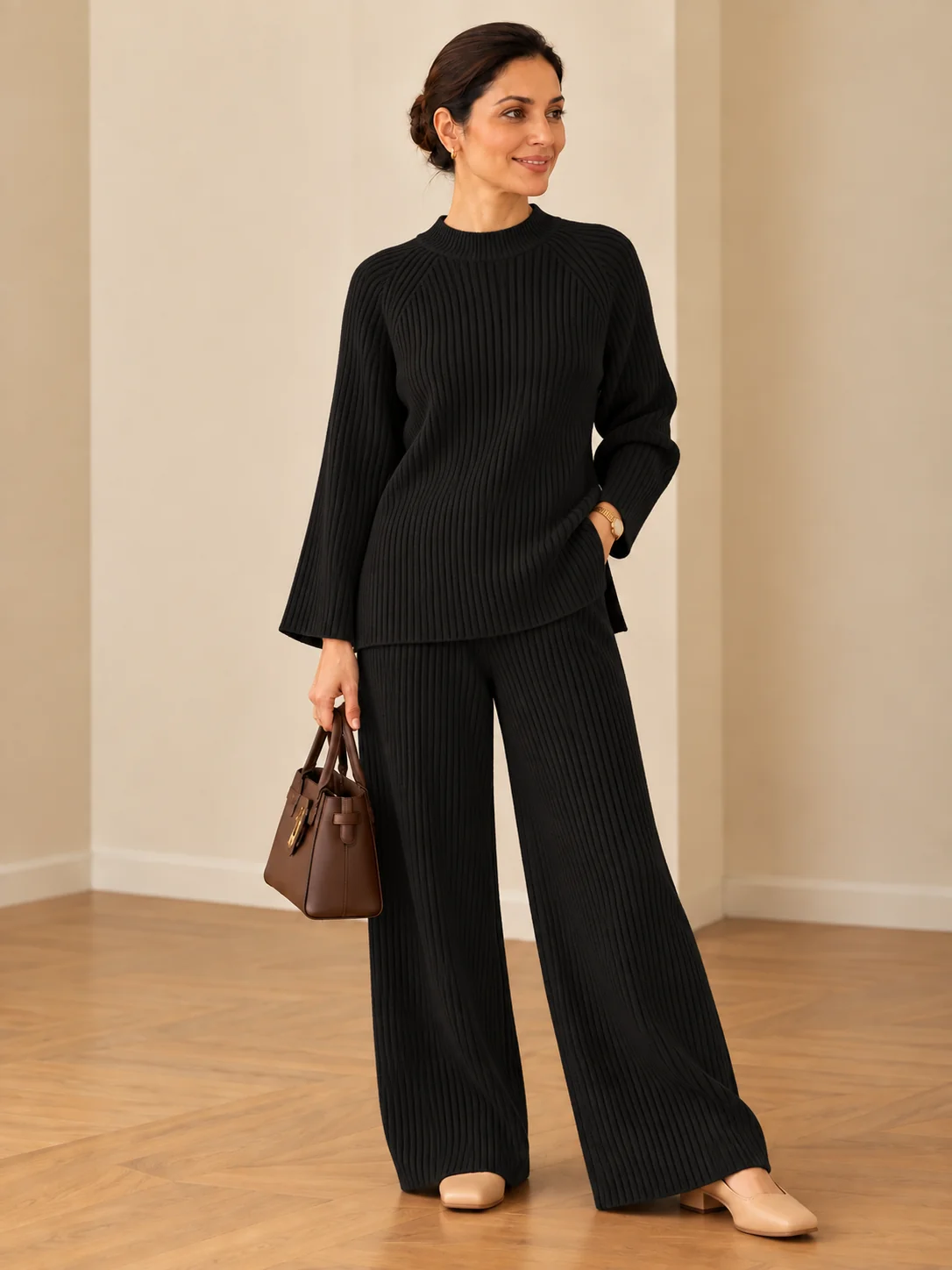 Women’s Ribbed Knit Co-Ord Set – Relaxed Fit Sweater & Wide-Leg Pants | Elegant 2-Piece Outfit