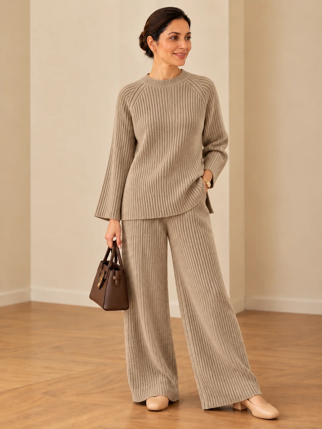 Women’s Ribbed Knit Co-Ord Set – Relaxed Fit Sweater & Wide-Leg Pants | Elegant 2-Piece Outfit