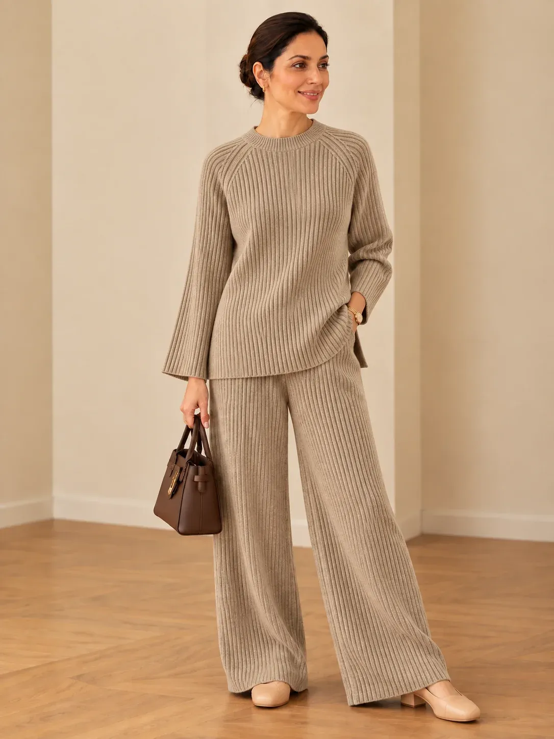 Women’s Ribbed Knit Co-Ord Set – Relaxed Fit Sweater & Wide-Leg Pants | Elegant 2-Piece Outfit