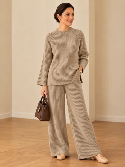 Women’s Ribbed Knit Co-Ord Set – Relaxed Fit Sweater & Wide-Leg Pants | Elegant 2-Piece Outfit