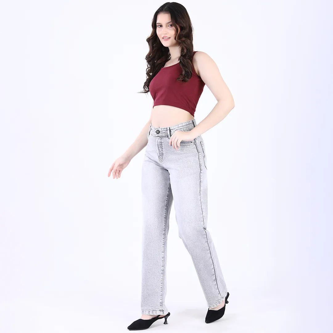 Women's Light Grey Mid-Rise Straight Fit Jeans