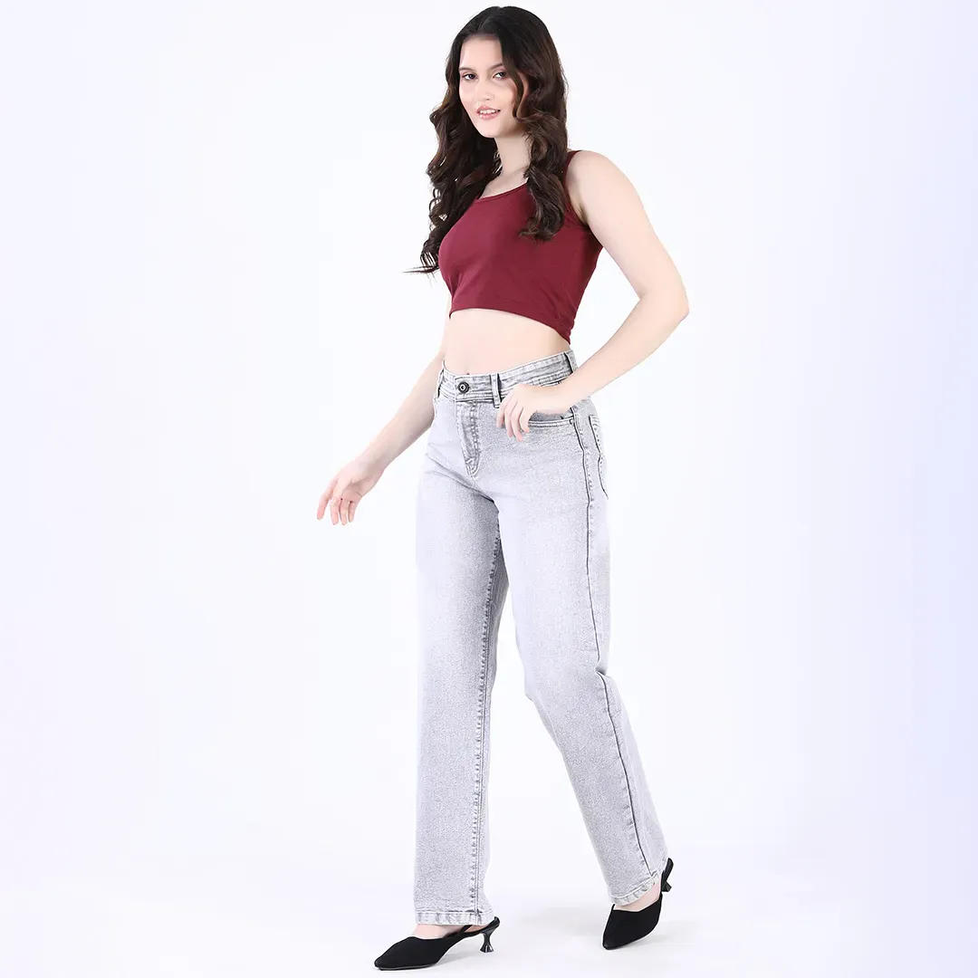 Women's Light Grey Mid-Rise Straight Fit Jeans