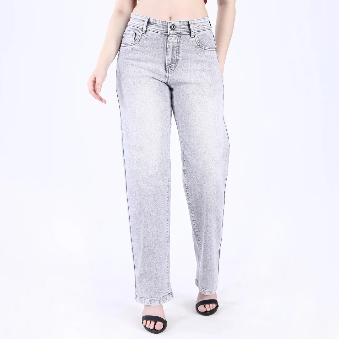 Women's Light Grey Mid-Rise Straight Fit Jeans