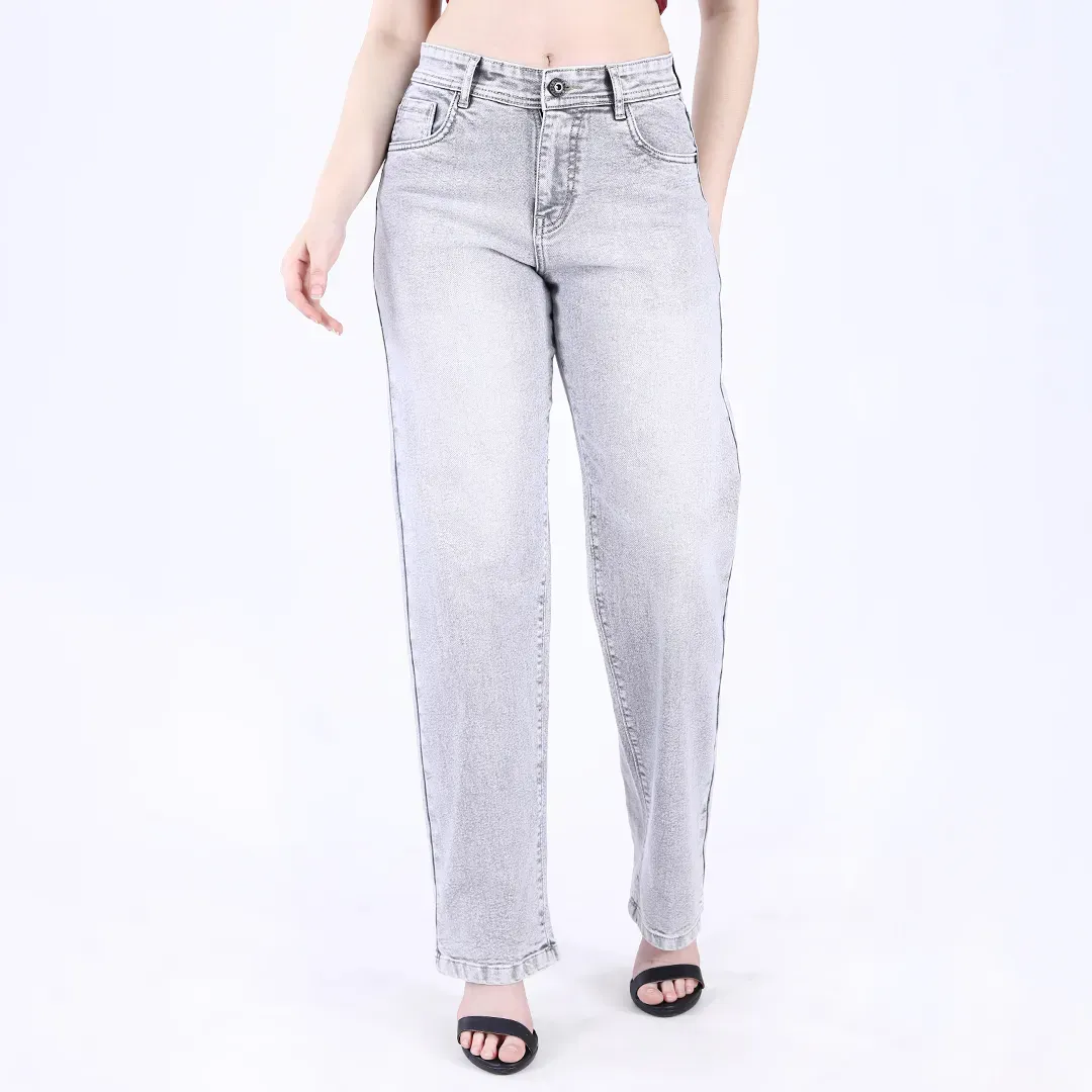 Women's Light Grey Mid-Rise Straight Fit Jeans