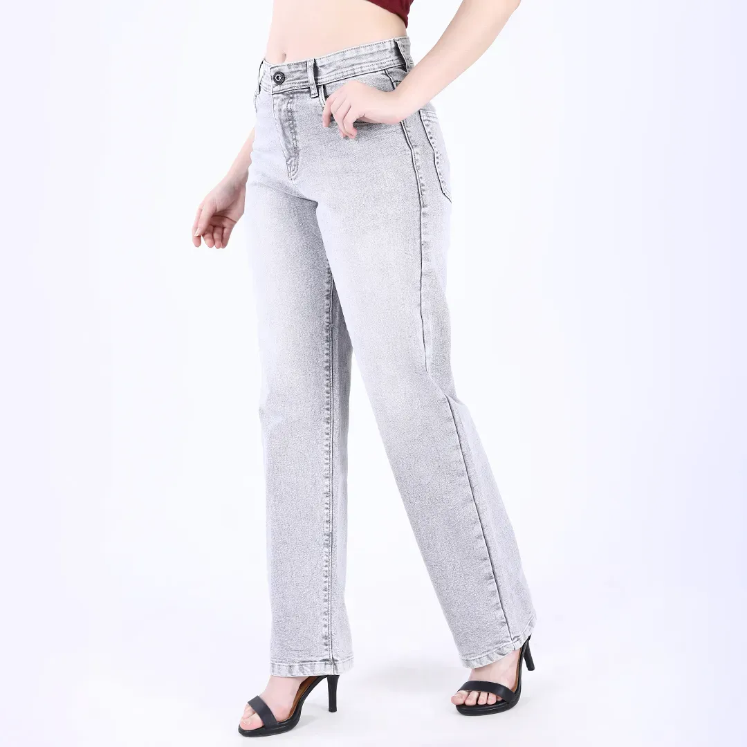 Women's Light Grey Mid-Rise Straight Fit Jeans
