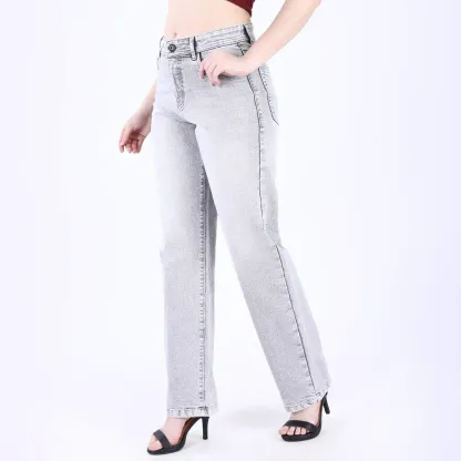 Women's Light Grey Mid-Rise Straight Fit Jeans