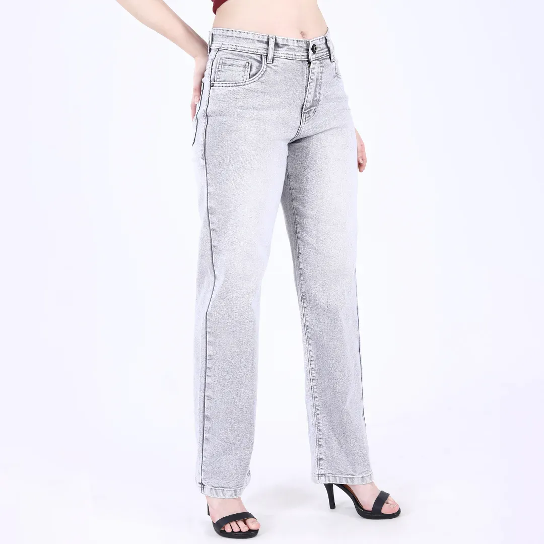 Women's Light Grey Mid-Rise Straight Fit Jeans