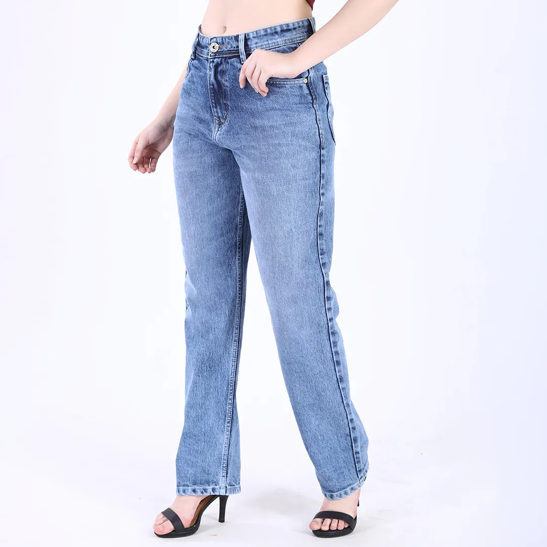 Women's Faded Blue Mid-Rise Straight Fit Jeans