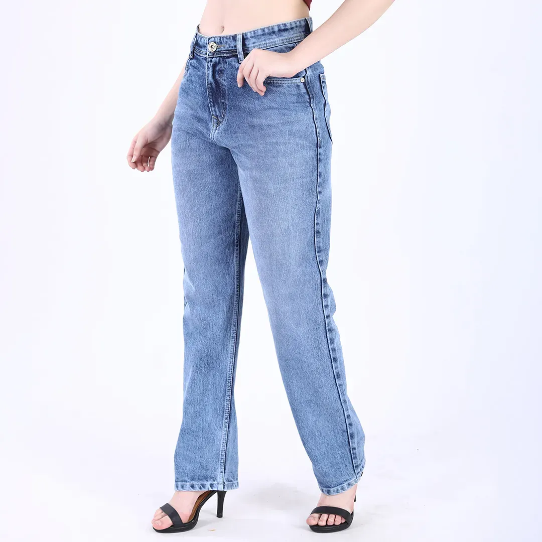 Women's Faded Blue Mid-Rise Straight Fit Jeans