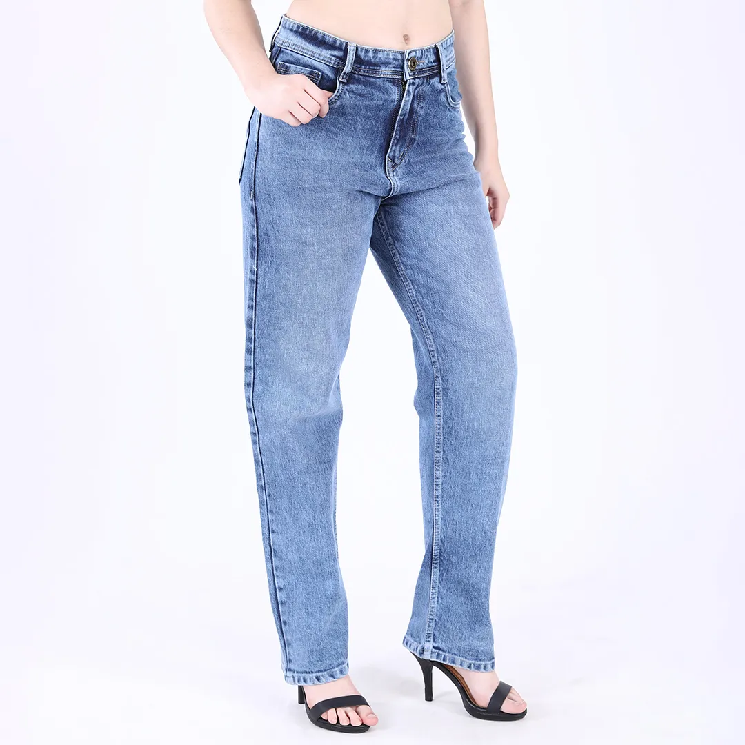 Women's Faded Blue Mid-Rise Straight Fit Jeans