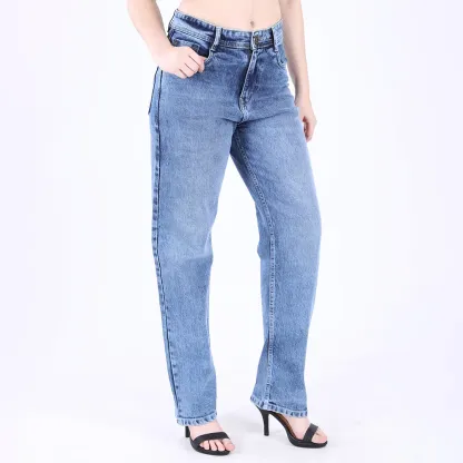 Women's Faded Blue Mid-Rise Straight Fit Jeans