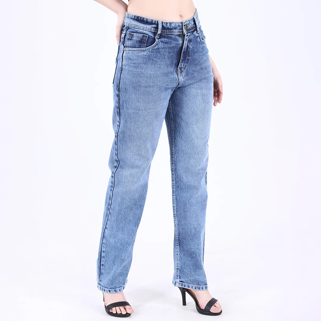 Women's Faded Blue Mid-Rise Straight Fit Jeans