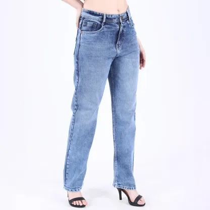 Women's Faded Blue Mid-Rise Straight Fit Jeans