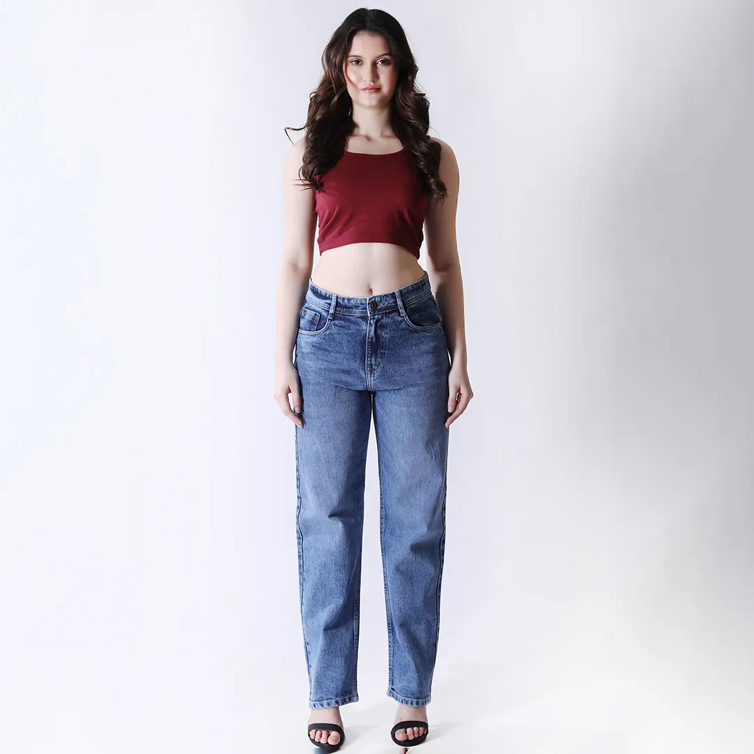 Women's Faded Blue Mid-Rise Straight Fit Jeans