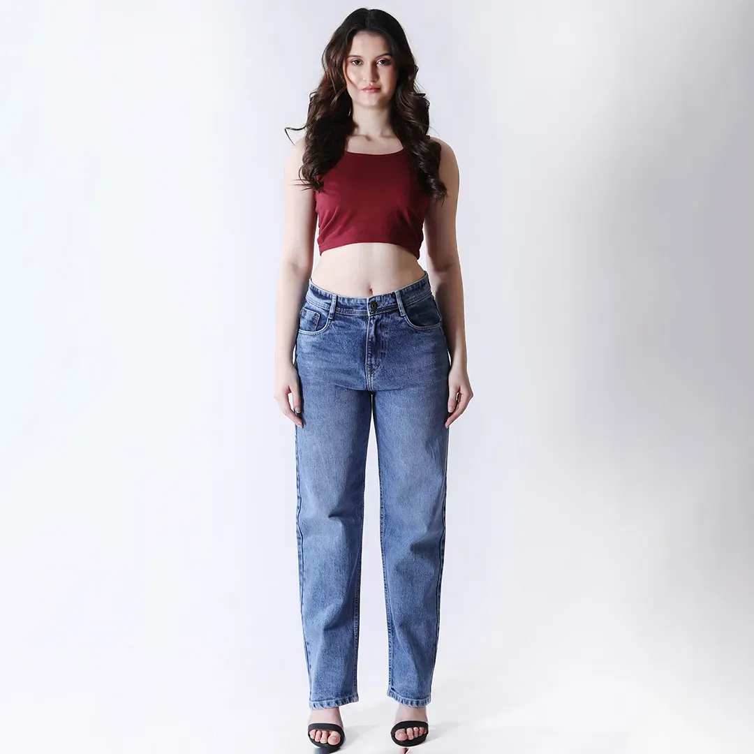 Women's Faded Blue Mid-Rise Straight Fit Jeans