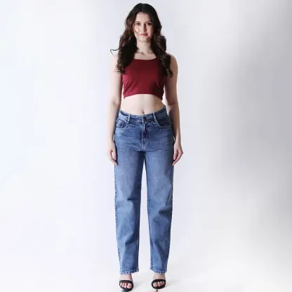 Women's Faded Blue Mid-Rise Straight Fit Jeans