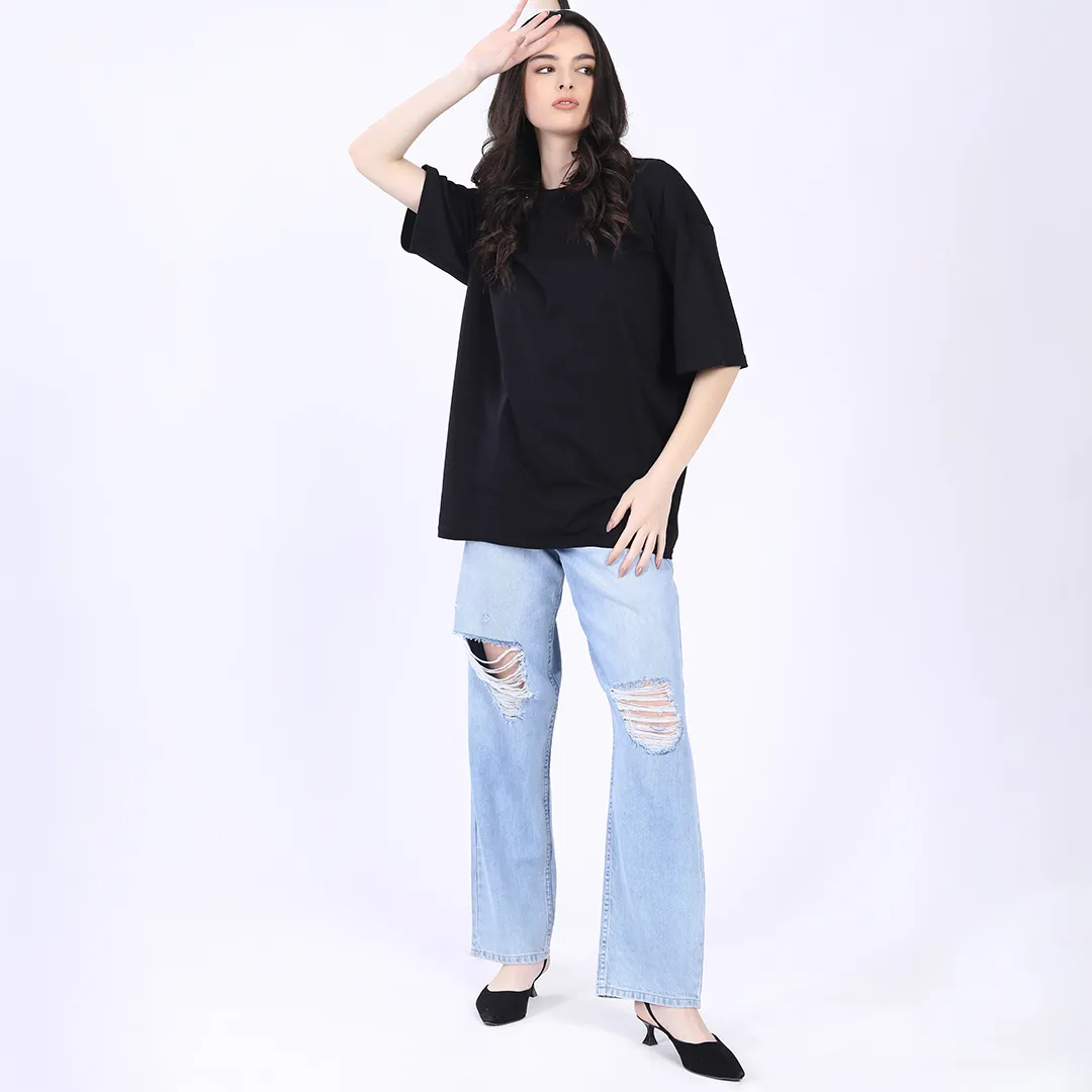 Women's Light Blue Distressed Baggy Jeans