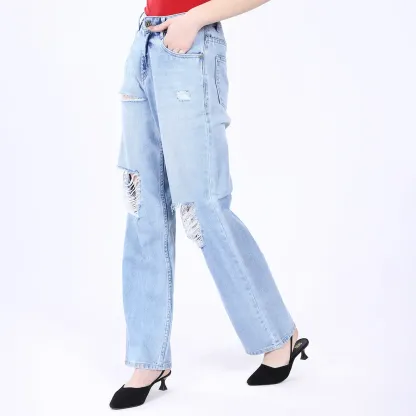 Women's Light Blue Distressed Baggy Jeans