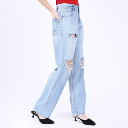 Women's Light Blue Distressed Baggy Jeans