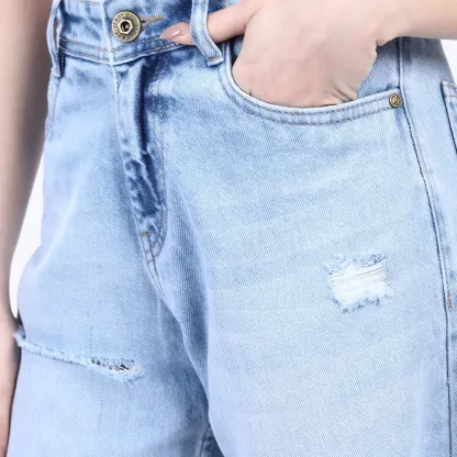 Women's Light Blue Distressed Baggy Jeans