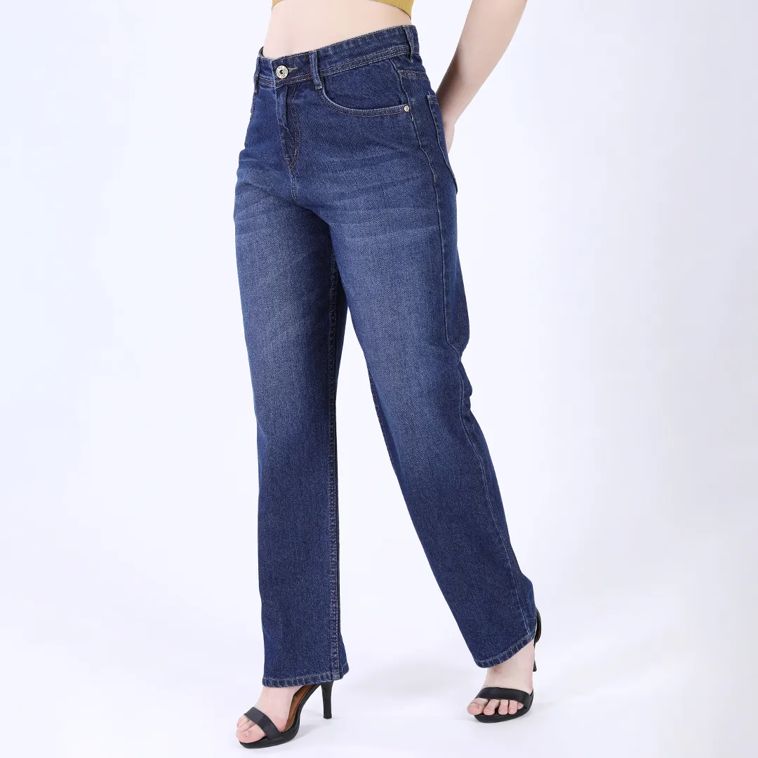 Women's Navy Blue Mid-Rise Straight Fit Jeans