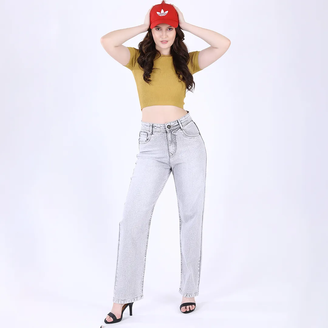 Women's Light Grey Mid-Rise Straight Fit Jeans